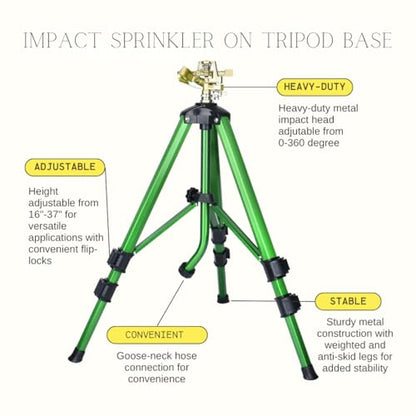2Pack-Impact Sprinkler on Tripod Base, Heavy Duty Lawn Sprinkler 360° Coverage, Large Area Irrigation Sprinkler for Garden & Yard, Adjustable Height 16-37 Inch with Stable Base (2) CWS105201D-2
