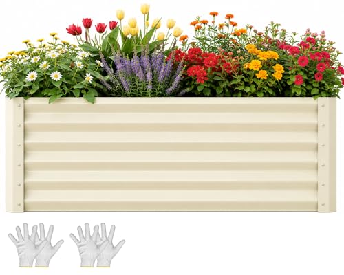 YITAHOME 6x3x3ft Galvanized Raised Garden Bed, Metal Planter Box with Safety Rubber, Gloves, Outdoor Flower Bed for Planting Plants Vegetables, Cream Yellow - color: Cream Yellow, size: 6x3x3ft