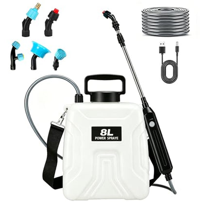 2 Gallon Battery Powered Sprayer, 2000mAh Electric Power White Continuous Battery Operated misting Retractable Long-Reach Metal Wand 5 Multi-Pattern Water attachments - color: White/2 Gallon