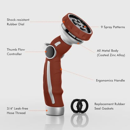 RESTMO Hose Nozzle Heavy Duty, Metal Water Hose Sprayer for Garden - color: Red, size: 9 Watering Patterns