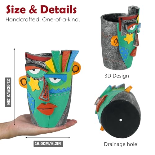 Abstract Face Planter Pot - 8inch Picasso Style Unique Plant Pots - color: Green