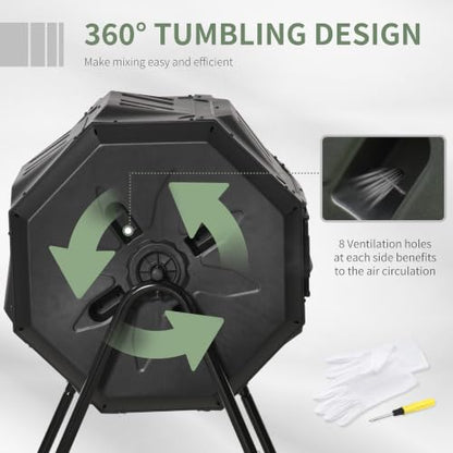 Outsunny Tumbling Compost Bin 360° Dual Chamber 43 Gallon, Black - color: Black