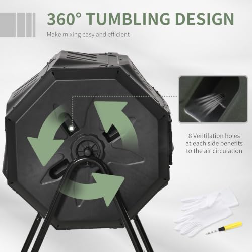 Outsunny Tumbling Compost Bin 360° Dual Chamber 43 Gallon, Black - color: Black