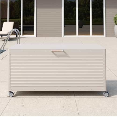 MIRADOR 205 Gallon Outdoor Storage Box with Wheels & Soft-Close Lid, Waterproof Metal Deck Box for Patio Cushions, Garden Tools & Pool Accessories, Latte - color: Latte, size: 205 Gallon