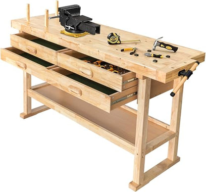 Olympia Tools 64.5" Rubber Hardwood Workbench w/ 4 Drawers & Clamp - size: 60 Inch Workbench