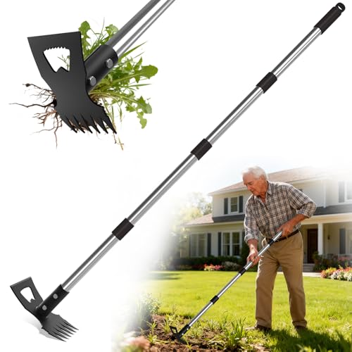 2-in-1 Garden Hoe & Weed Puller Rake, 63" Adjustable Long Handle