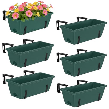 CADUKE Window Deck Railing Planter Box for Outdoor 6 Pack 17 Inch Deck Railing Planter Boxes Plastic Hanging Flower Planters Box with Adjustable Brackets Green - color: Green