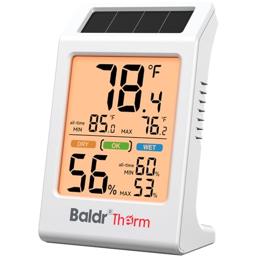 BaldrTherm Room Thermometer Indoor, Humidity Meter, 2026 Upgrade Backlit Digital Humidity&Temperature Monitor | Solar Powered | MAX MIN Record | 3.2", for Home, Office, Greenhouse, 1Pack - color: Orange 1Pack