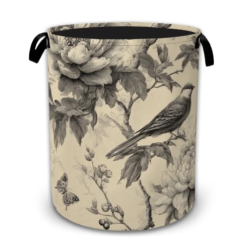 Black Bird Toile Floral Large Laundry Hamper, Collapsible Oxford Clothes Basket with Handles, Freestanding Dirty Clothes Organizer for Bedroom Bathroom Dorm Laundry Room, 16 x 20.8 Inch - color: Black Bird Toile Floral