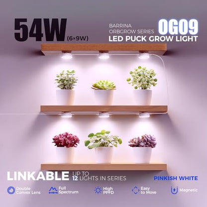 Barrina OG09 Puck Grow Light, 54W(6 x 9W), Pinkish White, Timer, 6 Packs - color: Pinkish White-White Cover, size: 6 Packs with Timer