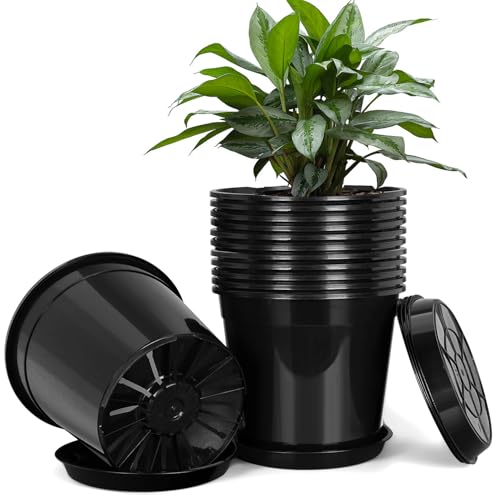 FUIJOL 1 Gallon Plastic Pots with Drip Trays, Sturdy Gallon Plant Pots with Drainage Holes, Large Gallon Pots for Flowers, Ideal for Indoor and Outdoor Use (1Gallon-12PACK) - size: 1Gallon-12PACK