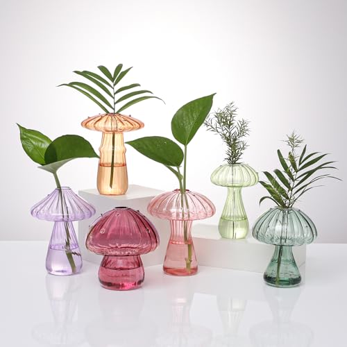 Mushroom Glass Propagation Terrarium Vases for Plants Set Colored of 6 - color: 6 Pcs