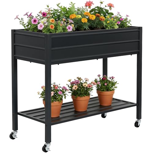 32" Tall Galvanized Raised Garden Bed with Legs Wheels & Shelf, Black - color: Black