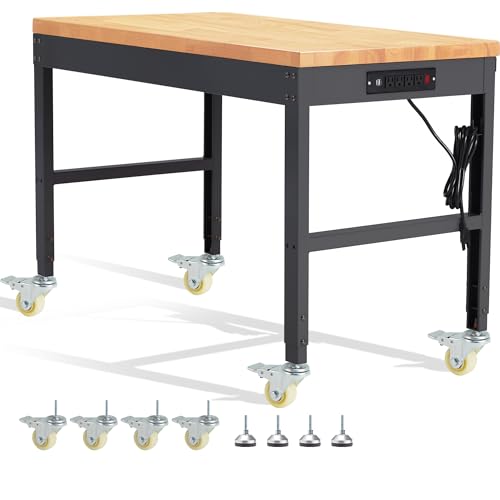 HABUTWAY Height Adjustable Workbench with Wheels 48" x 24" 2000 Lbs Capacity Solid Wood Work Station Heavy-Duty Rolling Work Tables for Garage Party Shop Office - size: 48"x24"x40.6"