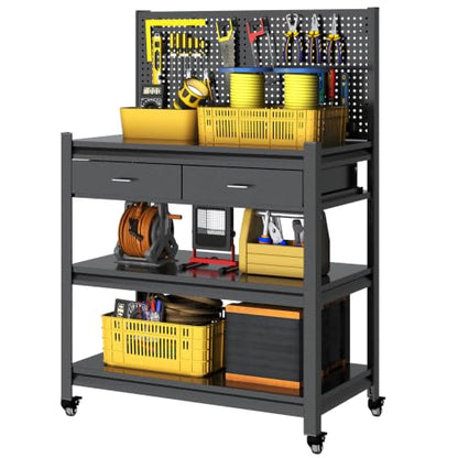 Metal Workbench, Mobile Work Table, Pegboard & Drawer, 1 Pack - size: 47.2"H x 33.5"W x 18"D with Drawers