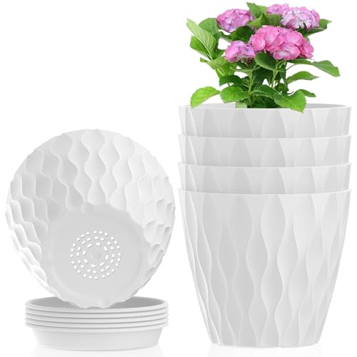 Meowell 4 inch Small Plastic Nursery Pots, 5 Pack Water Ripples Plant Pots for Indoor Plants, Flower Pots with Drainage Holes and Saucers, Seedling Starter Planters for Succulent Plants, White - color: White, size: 4 inch 5 pieces