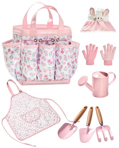 Kids Gardening Tool Set Toys - 8 Pieces Quality Garden Kit for Toddlers & Kids with Shovels, Rake, Watering Can, Hat, Apron, Gloves & Storage Bag (Pink Flower)