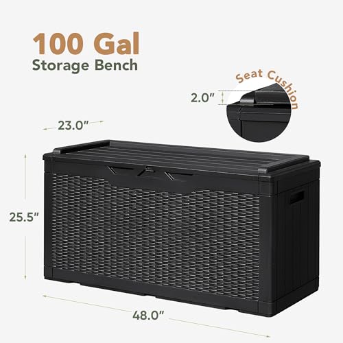 Flamaker Deck Box 98 Gallon Waterproof Resin Storage Box with Cushion - color: Black, size: 98 Gallon