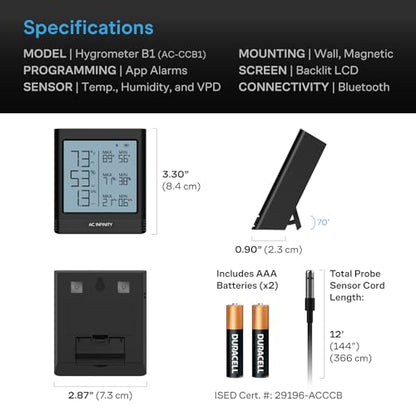 AC Infinity Temperature Humidity VPD Smart Hygrometer B1 w/ Bluetooth App - style: Ranged Sensor
