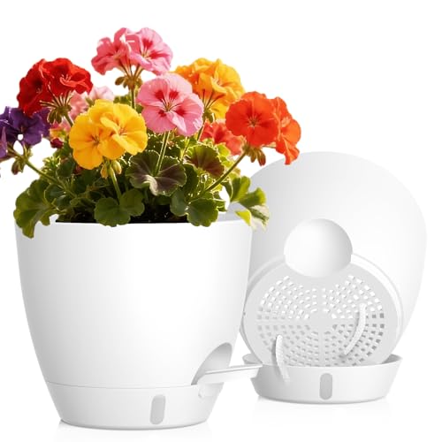 Self Watering Pots with Drainage Holes, 2 Pack 8 Inch Plant Pots with Water Level Indicator Deep Reservoir, Large Plastic Planter for Indoor Outdoor Plants - White - color: White, size: 8 Inch 2 Pack