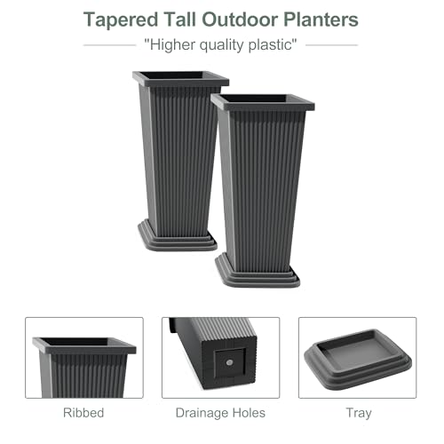 Plastic 24" Tall Outdoor Planters Set of 2, Ribbed - color: Gray Ribbed