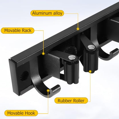 2 Pack Wall Mount Broom Holder with Sliding 3 & 4 Racks 4 Hooks，Mop Hanger