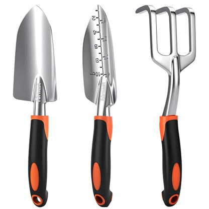 Garden Tool Set, 3 Pack Aluminum Heavy Gardening Kit Including Hand Shovel, Transplant Shovel and Hand Rake for Planting, Digging, Weeding - color: Orange