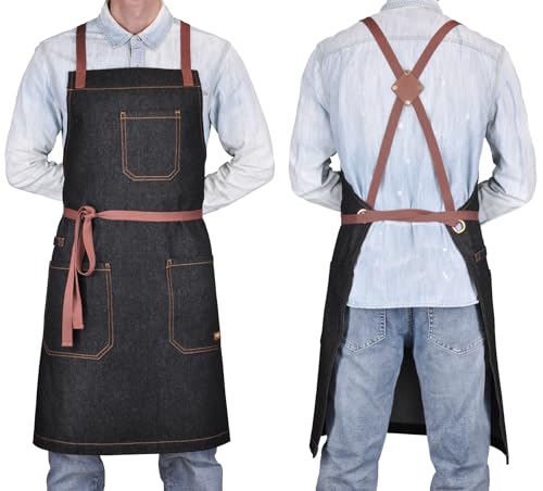 Mens Womens Cooking Apron with Cross Back Straps,Black Denim - color: Black Denim With Cross Back Straps