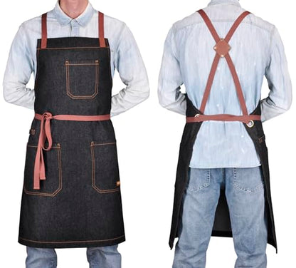 Mens Womens Cooking Apron with Cross Back Straps,Black Denim - color: Black Denim With Cross Back Straps
