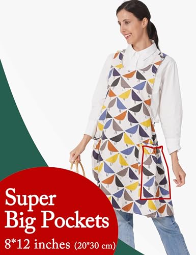 Cozy Adjustable Cross Back Aprons for Women with Pockets Cotton Linen Cooking Kitchen Baking - color: Birds