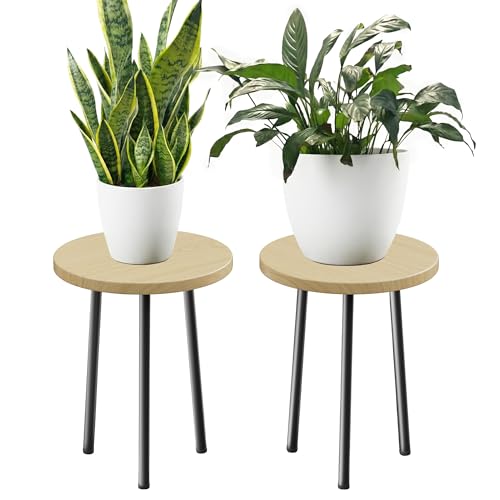 Plant Stand Indoor 2 Pack: Plant Table 14'' Wooden & Metel Plants Stool - color: Burlywood, size: 14"&14"