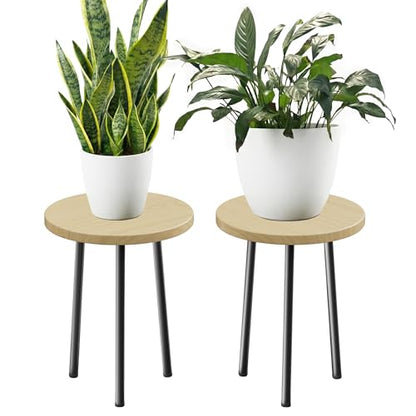 Plant Stand Indoor 2 Pack: Plant Table 14'' Wooden & Metel Plants Stool - color: Burlywood, size: 14"&14"