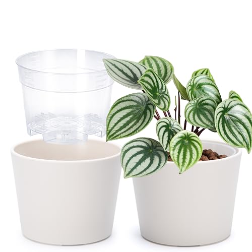Phoenix Vine 6.6 Inch Oatmeal Plastic Cachepot with Clear Nursery Pot, Decorative Lightweight Planter Cover with Transparent Inner Pot for Indoor Houseplants, Pack of 2, 24-C-G-2 - color: Oatmeal, size: 6.6" (2 Pack)
