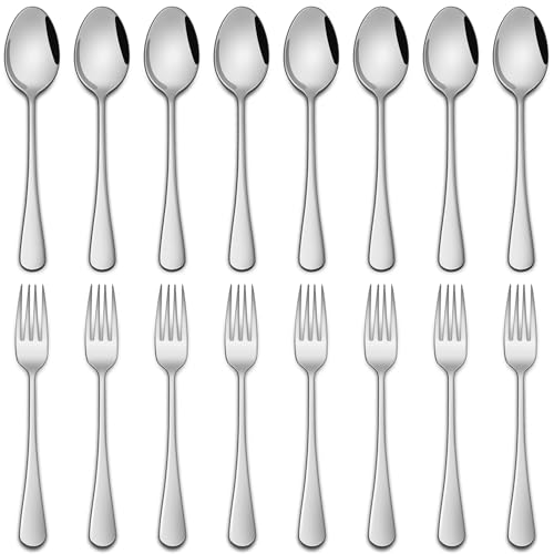 Salad Forks And Teaspoon,6.7 Inches Stainless Steel Dessert Spoons And Forks,Set Of 16 Dishwasher Safe Silverware Fork And Spoon For Home,Restaurant - color: Silver