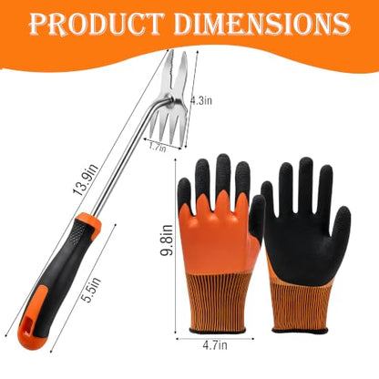 Weed Puller Tool with Gardening Gloves, Hand Weeding Tool Garden Weeder with Stainless Steel Claw & Rubber Handle, Portable Weed Remover for Lawn Yard Vegetable Garden Backyard Farm