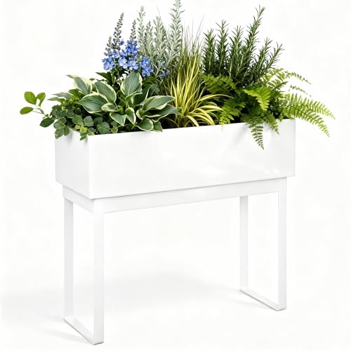WORTH Raised Metal Planter Box with Legs, 28" Elevated Garden Bed for Indoor & Outdoor Use – Glossy White Galvanized Steel Planter with Inner Shelf, Drainage Holes, Plug for Vegetables, Flowers, Herbs - color: Glossy White, size: 28"× 11"× 28"
