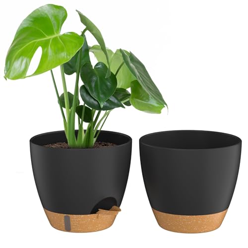 ZMTECH 10 Inch Plant Pots Set of 2 Planters for Indoor Plants Self Watering Pots Flower Pots with Drainage Holes and Saucer for Outdoor Plants(Black with Brown) - color: Black With Brown, size: 10 Inch