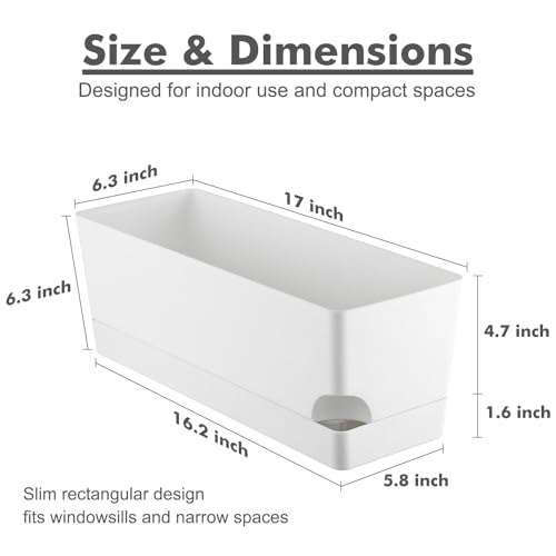 Party Zealot Window Boxes Planters, 5 Pack Self Watering Pots for Indoor Plants 17 Inch Rectangular Planter Rectangle Flower Pots Long Plant Pot Large Window Sill Herb Planter Box, White - color: White