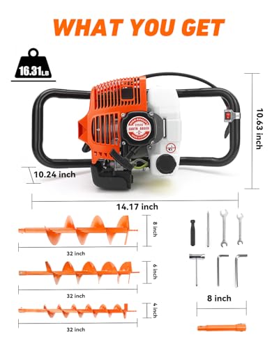 NEO-TEC 63CC Post Hole Digger Gas Powered Auger w/4" 6" & 8" Bit,3 Ext Bars - size: 63CC+4"+ 6"+8"+3 Extension