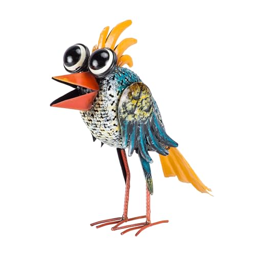 Alpine Corporation 11" Tall Outdoor Metal Wide-Eyed Bird Standing Yard Statue Decoration, Multicolor - color: 11" Multicolor Bird