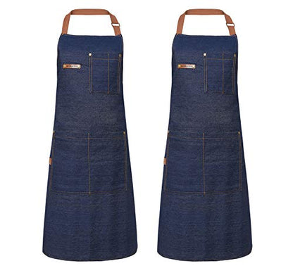 2 Packs Waist Denim Aprons for Restaurant Kitchen Women Waitress Denim Apron - color: Blue Denim Apron 2 Packs