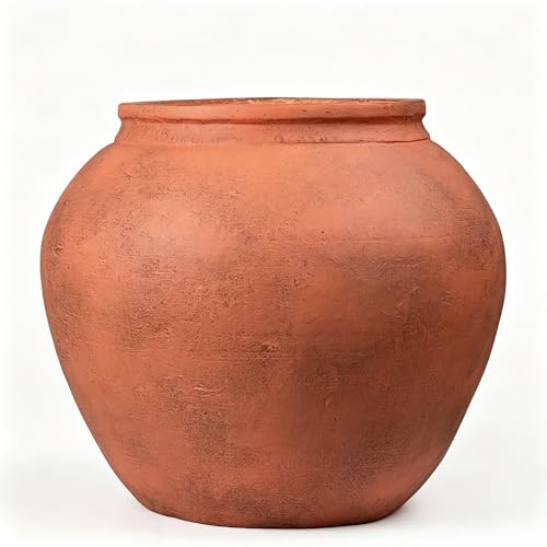12" H x 14" Dia Fiberstone Distressed Terracotta Planter Pot with Drainage Hole, Vintage Indoor Outdoor Flower Pot for Patio Porch Garden, Rustic Decorative Planter for Trees & Plants - size: Medium