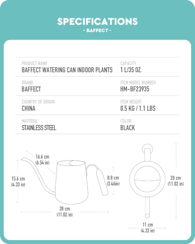 Baffect Watering Can Indoor Plants with Long Spout, 1L / 35oz (Black) - color: Black