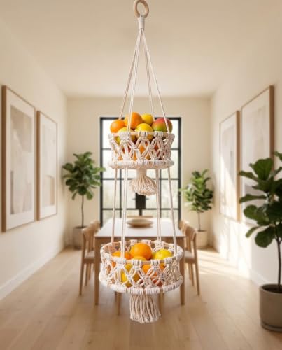 Alipis Macrame Plant Hanger Macrame Hanging Fruit Basket 2 Tier Woven Cotton Rope Storage Baskets Hanging Plant Holder for Vegetable Storage