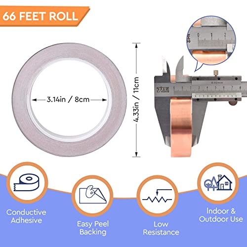 Conductive Pure Copper Tape Double Sided Adhesive Copper Foil Tape for Stained Glass, Guitars, EMI Shielding, Electric Connections, Repairs, Grounding, Crafts (1inch x 66FT) - size: 1inch x 66FT