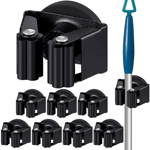 Vercraft 8 Pcs Magnetic Broom Holder Wall Mounted Anti Slip Rack,Black - color: Black