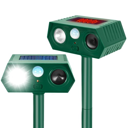Solar Ultrasonic Animal Repellent, 2 Pack Ultrasonic Deer Repellent Devices with PIR Motion Sensor & LED Lights, Waterproof Cat Repellent Outdoor for Yard Garden Repel Raccoon Squirrel Skunk Rabbit