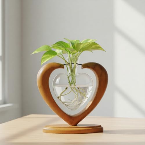 Plant Propagation Station, Heart Glass Vase, Solid Wooden Stand - color: 1 Pack