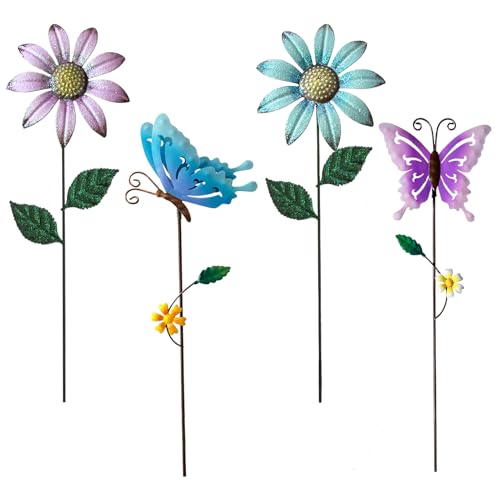 Metal Flowers for Outside, 16.15" 4-Pack Decorative Garden Stakes - color: color b
