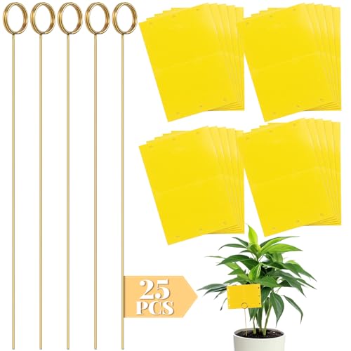 50 Pcs 12 Inch Dual-Sided Yellow Fruit Fly Traps Kit Includes 25 Sticky Cards and 25 Golden Long Wire Holders Effective Insect Gnat Trap Killer for Garden Plant Indoor Pest Control Fungus Gnats - color: Yellow